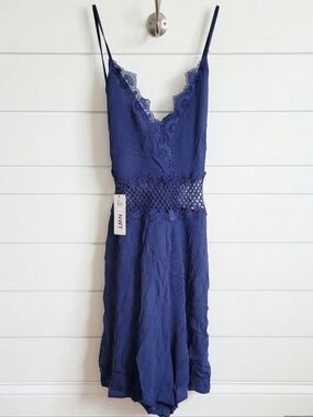 Navy Blue Lace-Trim Spaghetti Strap Romper Cupshie-L NWT